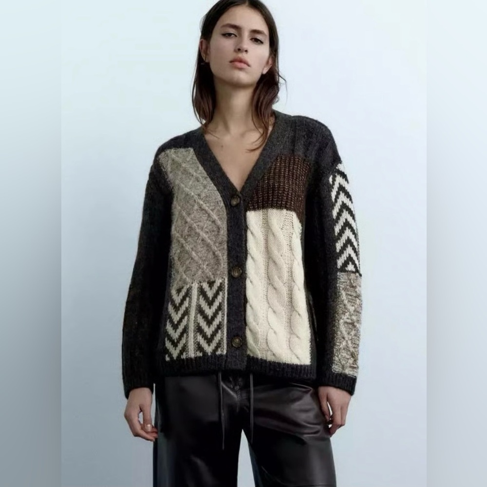 Zara Patchwork Cable-Knit Cardigan in Black, Cream, Brown, Gray